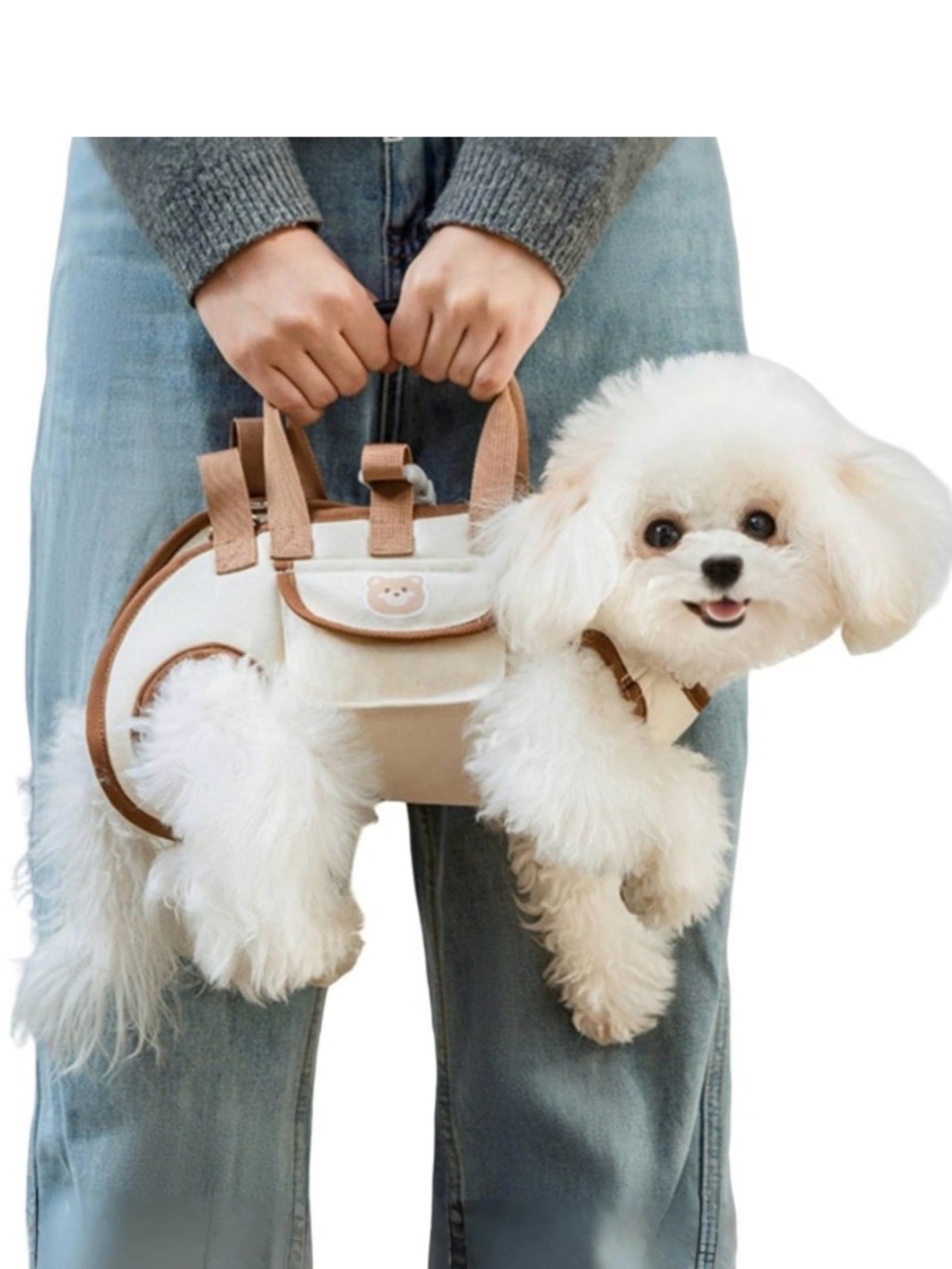 Beige & Tan Small Dog Travel Carrier Tote with Front Pet Opening